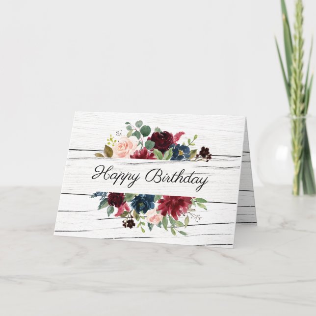 Burgundy Floral Elegant Rustic Watercolor Birthday Card (Front)
