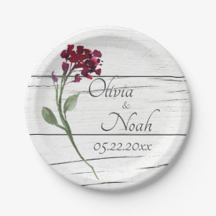 Burgundy Floral Elegant Rustic Watercolor Name Paper Plate