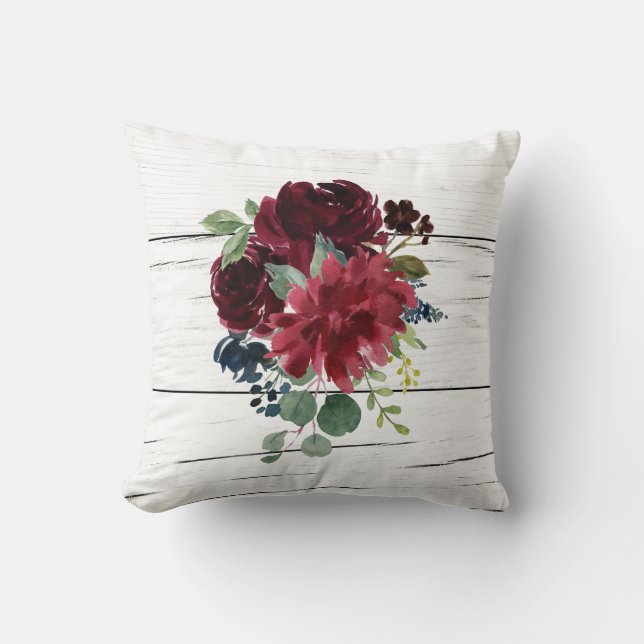 Burgundy Floral Elegant Rustic Watercolor Pretty Cushion (Front)