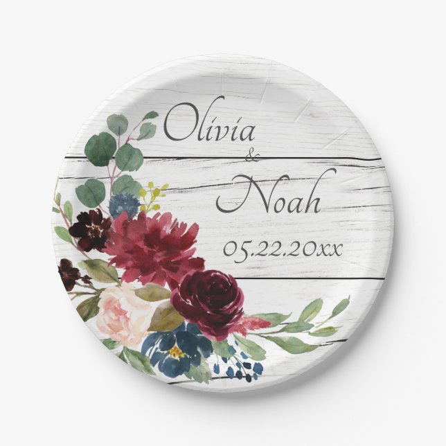 Burgundy Floral Elegant Rustic Watercolor Pretty Paper Plate (Front)