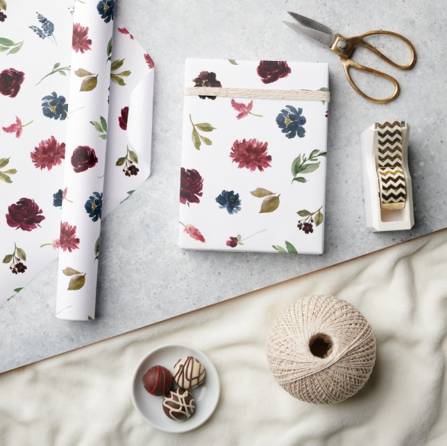 Burgundy Floral Elegant Rustic Watercolor Pretty Wrapping Paper (Crafts)