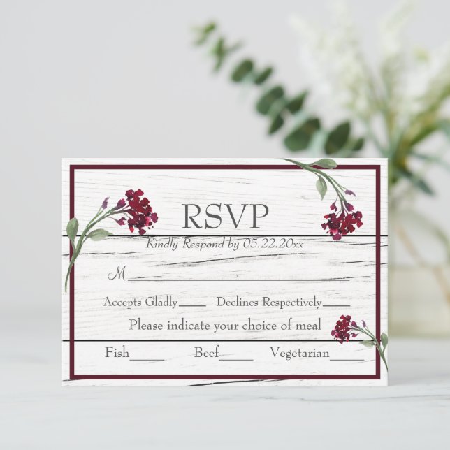 Burgundy Floral Elegant Rustic Watercolor RSVP (Standing Front)