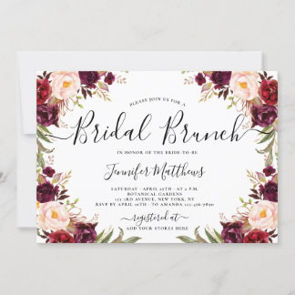 Burgundy Floral Elegant Script Bridal Brunch Invitation