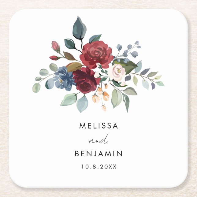 Burgundy Floral Elegant Script Wedding Rehearsal Square Paper Coaster (Front)