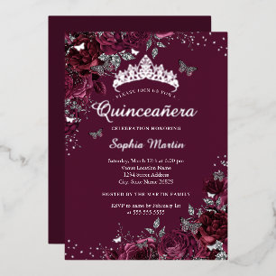 Burgundy Floral Elegant Silver Quinceanera