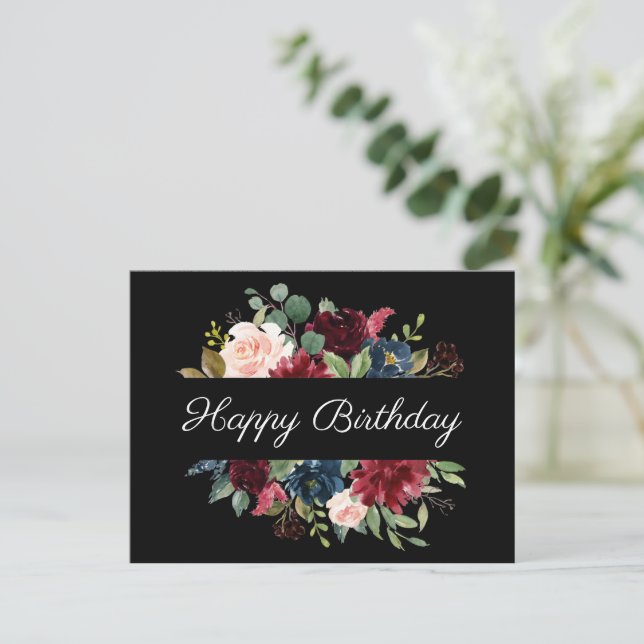 Burgundy Floral Elegant Watercolor Budget Birthday Postcard (Standing Front)