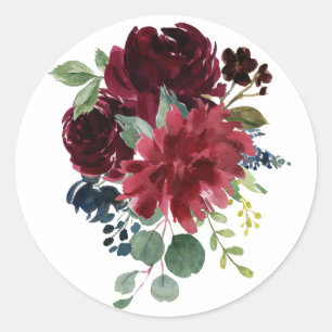 Burgundy Floral Elegant Watercolor Modern Classic Round Sticker