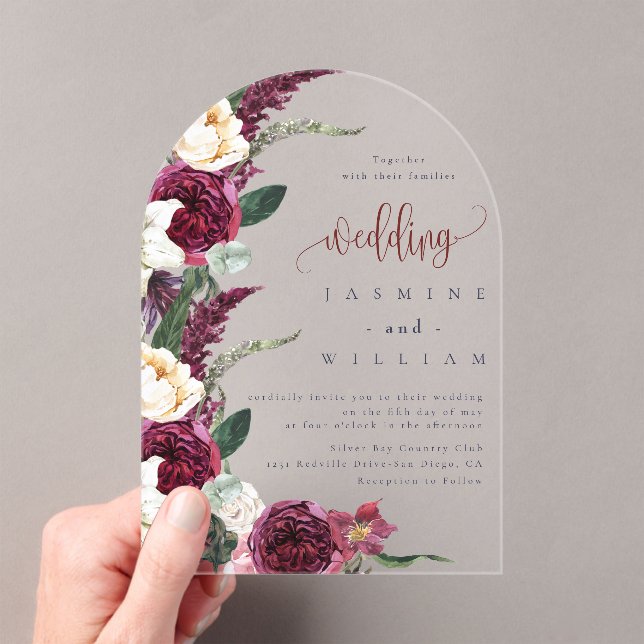 Burgundy Floral Elegant  Wedding  Acrylic Invitations (Insitu (Handheld))