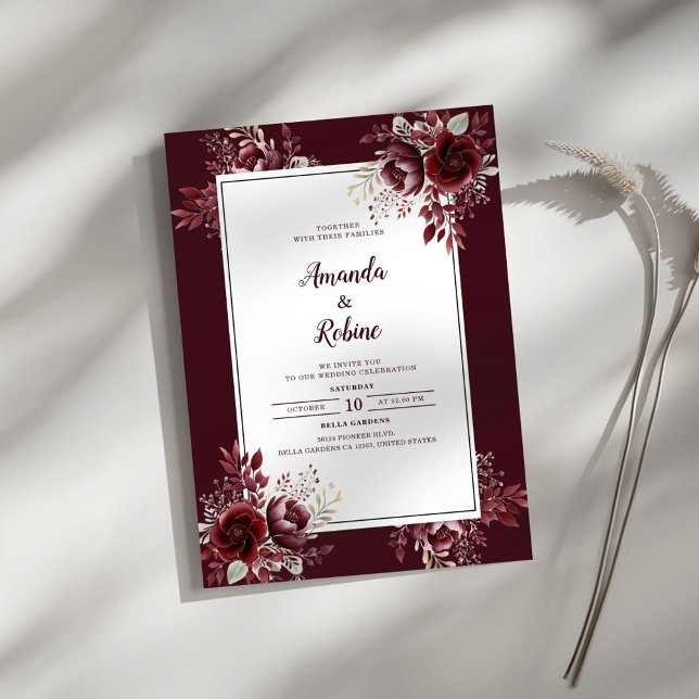 Burgundy Floral Elegant Wedding Invitation (Creator Uploaded)