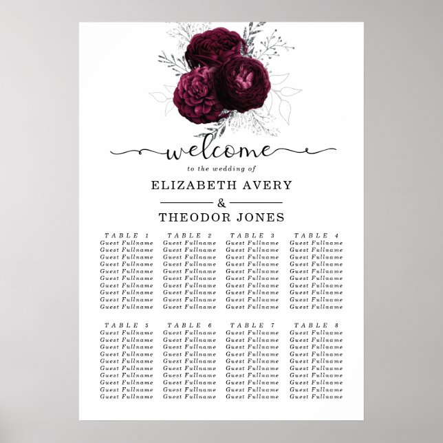 Burgundy Floral Elegant Wedding Seating Charts (Front)