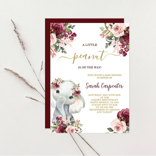 Burgundy Floral Elephant Baby Shower Girl Invitation (Creator Uploaded)