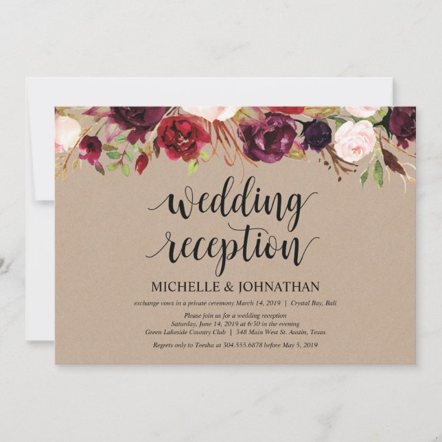 Burgundy Floral Elopement Reception Kraft Invites (Front)
