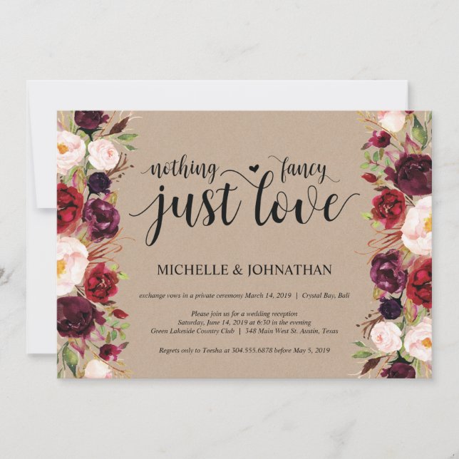 Burgundy Floral Elopement Reception Kraft Invites (Front)