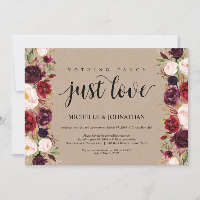 Burgundy Floral Elopement Reception Kraft Invites (Front)