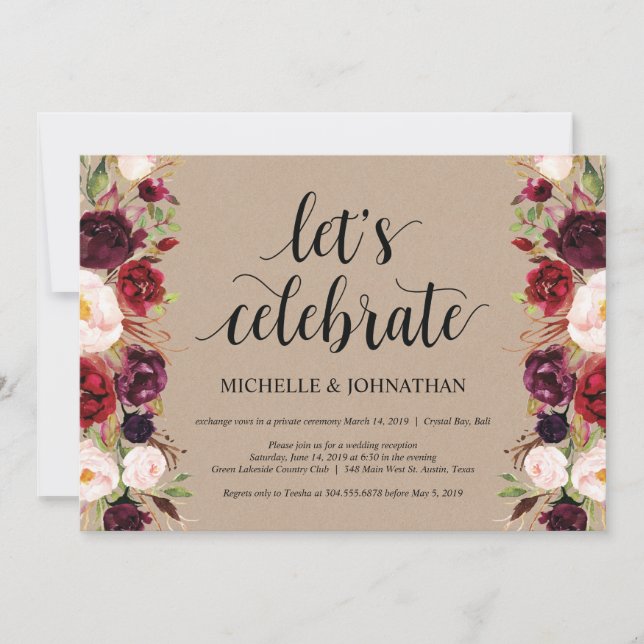 Burgundy Floral Elopement Reception Kraft Invites (Front)