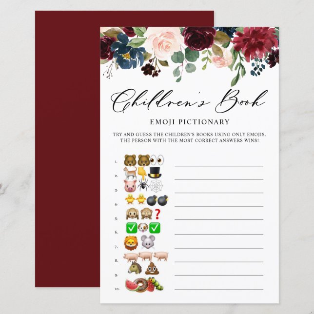 Burgundy Floral Emoji Pictionary Baby Shower Game (Front/Back)