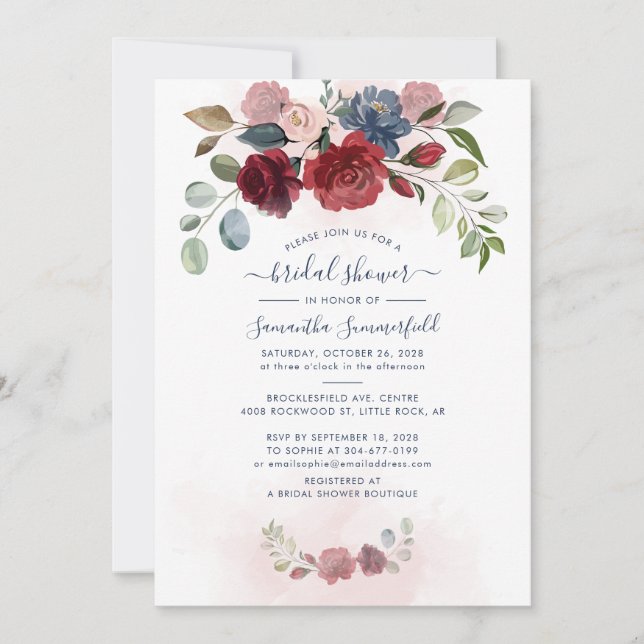 Burgundy Floral Eucalyptus Foliage Bridal Shower Invitation (Front)