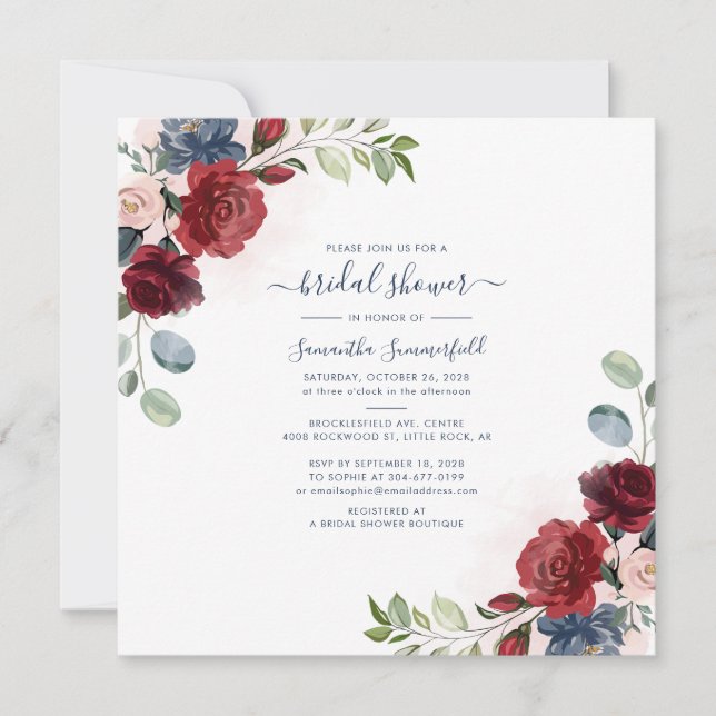 Burgundy Floral Eucalyptus Script Bridal Shower Invitation (Front)