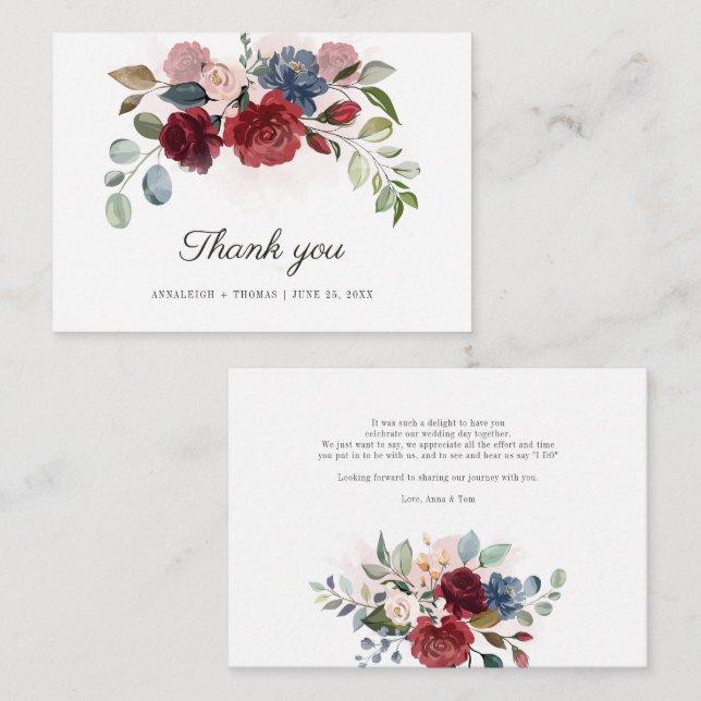 Burgundy Floral Eucalyptus Thank You Card (Front/Back)