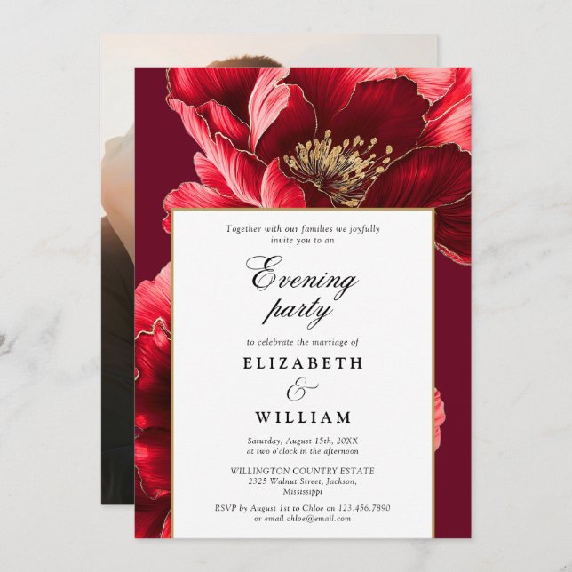 Burgundy Floral Evening Party Wedding Photo Invitation (Front/Back)