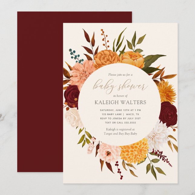Burgundy Floral Fall Baby Shower Invitation (Front/Back)