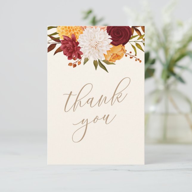 Burgundy Floral Fall Baby Shower Thank You Card (Standing Front)