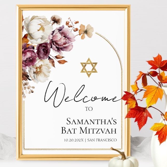 Burgundy Floral Fall Bat Mitzvah Welcome Sign (Creator Uploaded)