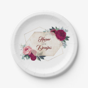 Burgundy Floral Fall Geometric Paper Plate