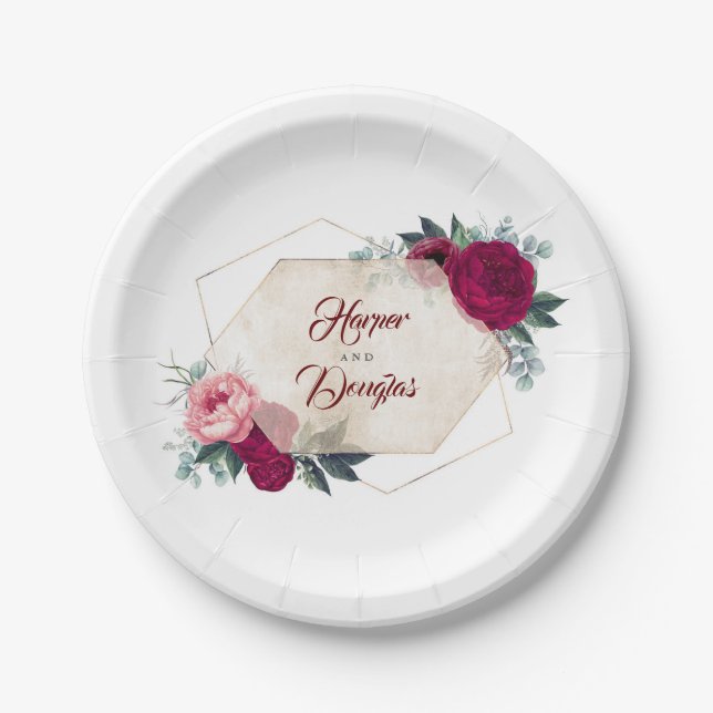 Burgundy Floral Fall Geometric Paper Plate (Front)