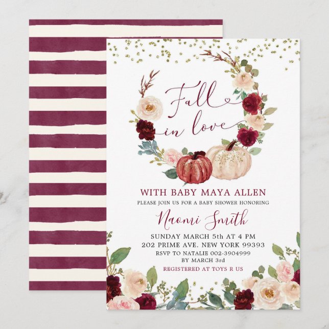 Burgundy Floral Fall in Love Pumpkin Baby Shower Invitation (Front/Back)