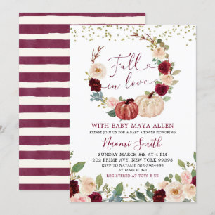 Burgundy Floral Fall in Love Pumpkin Baby Shower Invitation