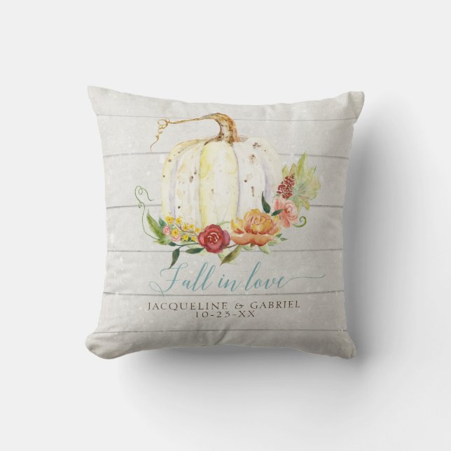 Burgundy Floral Fall in Love White Pumpkin Wedding Cushion (Front)