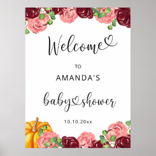 Burgundy floral fall pumpkin baby shower welcome poster