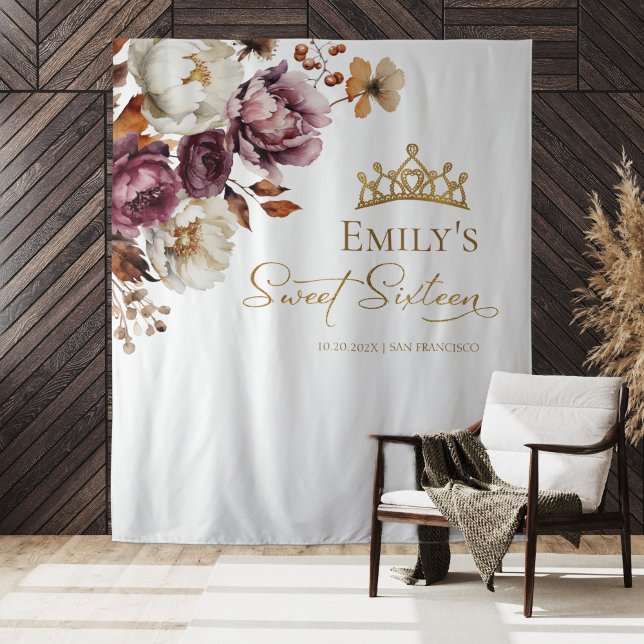 Burgundy Floral Fall Sweet 16 Backdrop Tapestry (Creator Uploaded)