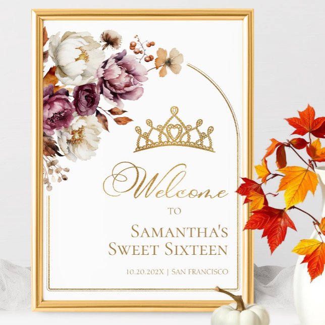 Burgundy Floral Fall Sweet Sixteen Welcome Sign (Creator Uploaded)