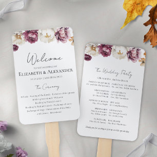 Burgundy Floral Fall Wedding Ceremony Program Sign Hand Fan