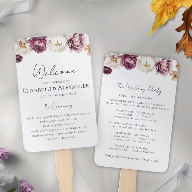 Burgundy Floral Fall Wedding Ceremony Program Sign Hand Fan (Creator Uploaded)