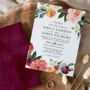 Burgundy Floral Fall Wedding Watercolor Botanicals Invitation