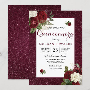 Burgundy Floral Faux Metallic Quinceanera Invite