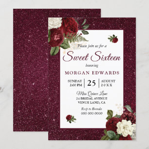 Burgundy Floral Faux Metallic Sweet 16 Invite
