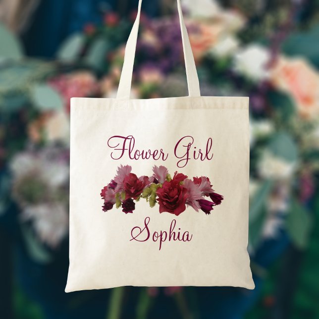 Burgundy Floral Flower Girl Wedding Tote Bag (A pretty burgundy floral design with space for your Flower Girl's name.)