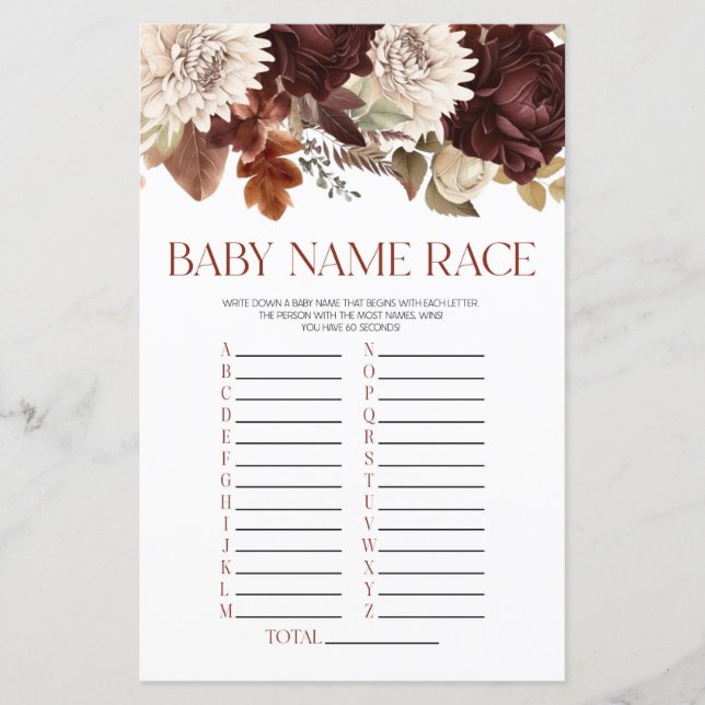 Burgundy Floral Flowers Name Race Baby Shower Game (Front)