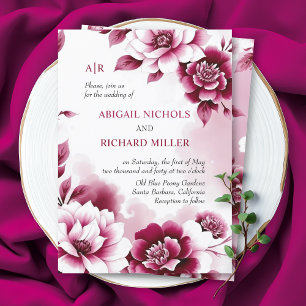Burgundy  floral frame and watercolor wash wedding invitation