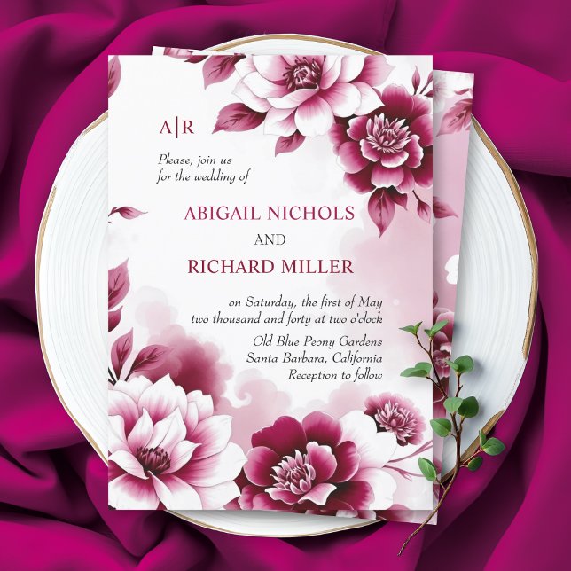 Burgundy  floral frame and watercolor wash wedding invitation (Creator Uploaded)