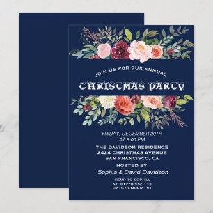 Burgundy Floral Frame Dark Blue Christmas Party Invitation