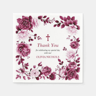 Burgundy floral frame girl Baptism Thank you Napkin