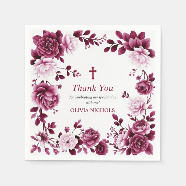 Burgundy floral frame girl Baptism Thank you Napkin (Front)