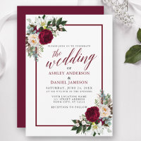 Burgundy Floral Frame Greenery Calligraphy Wedding