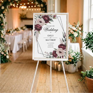 Burgundy Floral Framed Wedding Poster