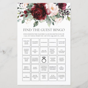 Burgundy Floral Fun Bridal Find the Guest Bingo 